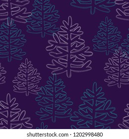Christmas seamless pattern with contour of trees on dark background. For New Year design, greeting card mockup, baby clothes, fabric, textile, wallpaper, wrapping paper,