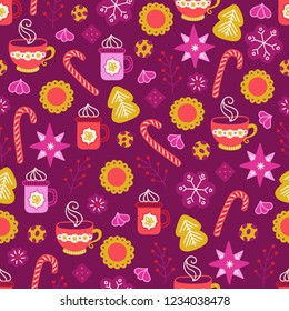 Christmas seamless pattern with cookie, hot drink, candle cane, star, berry, marshmallow on dark red background. Perfect for holiday invitations, winter greeting cards, wallpaper and gift paper 