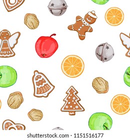 Christmas seamless pattern of cookies, apples, oranges and decor.