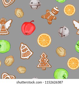Christmas seamless pattern of cookies, apples, oranges and decor.