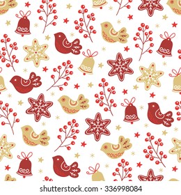 Christmas seamless pattern with cookies, birds, bells, berries, stars and snowflakes. Perfect for wallpaper, wrapping paper, pattern fill, winter greetings, Christmas and New Year greeting cards