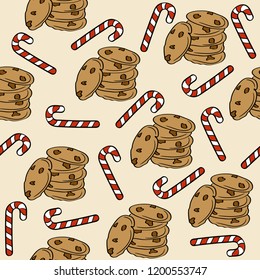 Christmas seamless pattern with cookies and candy canes for Christmas background  wrapping paper, print. Vector