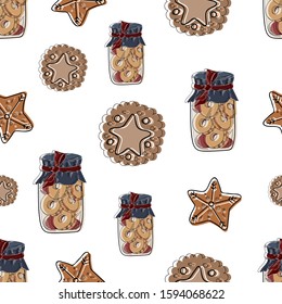 Christmas seamless pattern.Jar with cookies and gingerbread cookies on white background. Can be used for printing, textiles, wallpapers, websites, postcards, wrapping paper and posters.