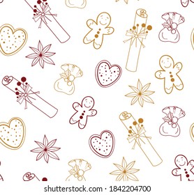 Christmas seamless pattern with cookies, gingerbread men, candy bag, cinnamon and stars anise. Hand drawn vector stock illustration. Great for the wrapping paper or for your other ideas.