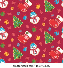 Christmas seamless pattern with cookies snowman, christmas tree, stocking, little gifts, snowflakes and balls on the red background. Vector illustration, cartoon, texture, background for packaging