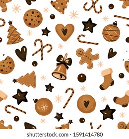 Christmas seamless pattern with cookies: Christmas tree, gingerbread man, snowflake, bell, bauble, heart, candy cane. Traditional Xmas background for wrapping in flat cartoon style on white background