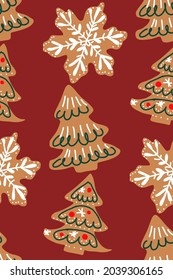 Christmas seamless pattern with cookies, Christmas tree, ginger man and snowflakes