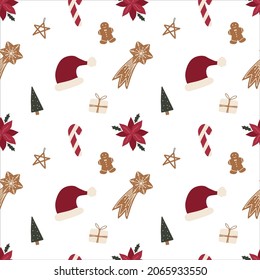Christmas seamless pattern with cookies, tree, gift, hat, branch, poinsettia, candy, star. Vector graphic.
