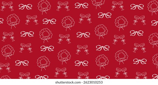 Christmas seamless pattern with coquette hand drawn wine glasses, holiday ribbons, and wreaths. Festive vector design for wrapping paper, invitations, greeting card and wallpaper design.