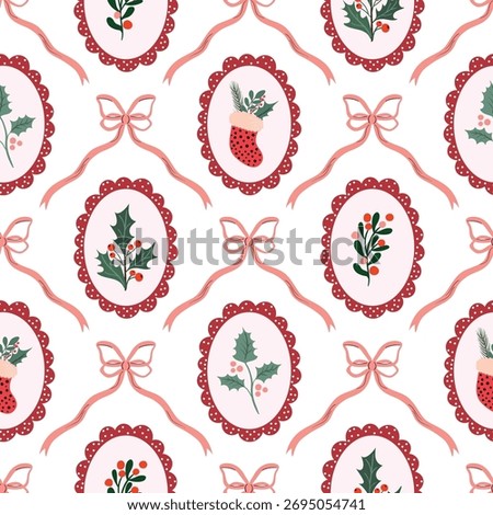 Christmas seamless pattern, coquette wallpaper with frames and bows, winter background