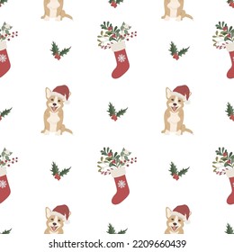 Christmas Seamless Pattern with Corgi dog on the white Background. Vector Illustration.