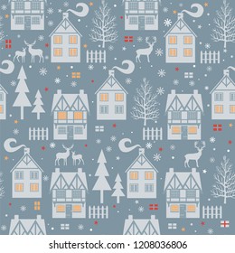 Christmas seamless pattern with cottages, deer, trees and boxes on blue background.