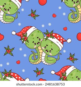 Christmas seamless pattern with couple snake wearing Santa hats on blue background with holly. Cute kawaii reptile character. Vector illustration. 2025 Year Snake according to Chinese lunar calendar