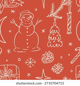 Christmas seamless pattern with cozy cottagecore decorative elements. Retro hand drawn charming doodle cottage core aesthetic background. Vintage pattern with goose on a red background