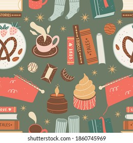 Christmas seamless pattern with cozy and cute winter holiday elements.