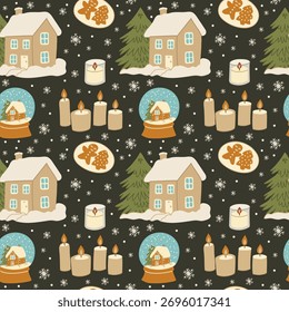Navidades sin patrón con acogedora casa, velas y pan de jengibre. Fondo de pantalla de repetición de vacaciones de invierno