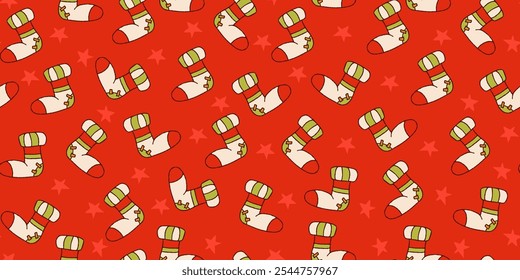 Christmas Seamless Pattern with Cozy Stockings for Cold Weather. Winter banner background with socks for children. Cute design for wrapping paper, print, fashion, web