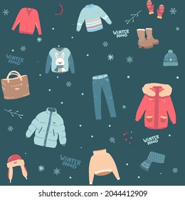 Christmas seamless pattern with cozy winter clothes. outerwear. Backdrop with warm seasonal clothing or apparel. Cartoon vector illustration for wallpaper, wrapping paper, textile print. Flat cartoon