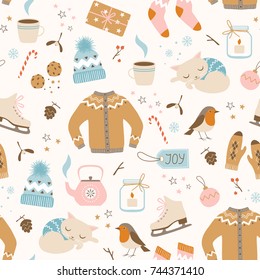 Christmas Seamless Pattern With Cozy Winter Clothes And Cute Winter Holiday Elements.