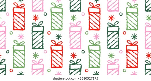 Christmas seamless pattern with crayon gift boxes and snowflakes. Winter background with holiday elements with pencil texture, print with cute drawings for Christmas decoration. Vector illustration