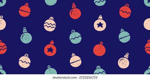 Natal padrão perfeito com ícones de giz de cera. Fundo bonito com bolas de decoração de Natal. Artigos de férias de inverno. Ilustração brilhante do vetor de giz de cera