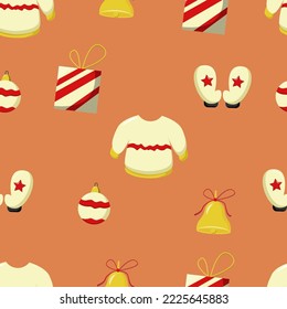 Christmas Seamless Pattern with crystal ball, gift box, gloves, sweater, and christmas bell, easy to edit
