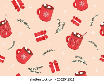 Christmas seamless pattern with cup of cocoa and gifts. Christmas ornament vector illustration