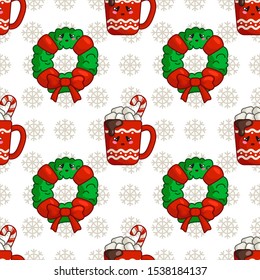 Christmas seamless pattern with cup of hot winter beverage or drink and marshmallows and floral firry wreath, endless texture for textile, scrapbook or wrapping paper, cute new year vector pattern
