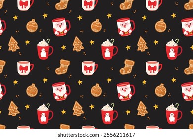 Christmas seamless pattern with cup of hot drink and gingerbread on black background