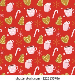 Christmas seamless pattern with cup, christmas stick, gingerbread, snowflakes. Scandinavian style. Vector illustration.