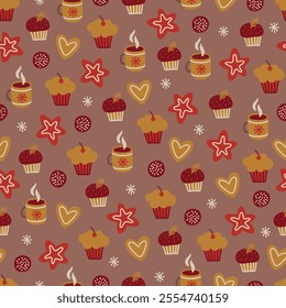 Christmas seamless pattern with cupcakes, cookies, cups on taupe background. Perfect for wallpaper, gift paper, winter greeting cards. Vector illustration