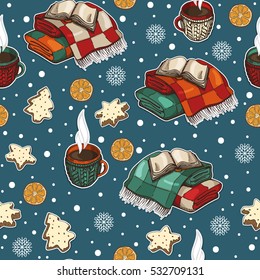 Christmas seamless pattern with cups, blankets and festive cakes