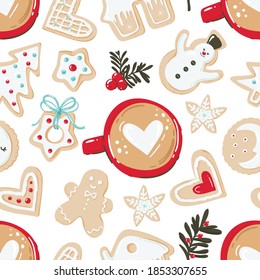 Christmas seamless pattern with cups of coffee and cookies. Vector illustration for wrapping paper and scrapbooking