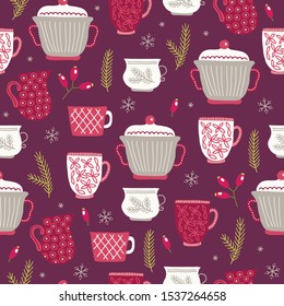 Christmas seamless pattern with cups, fir branches, berries, snowflake, barberry on bordo background. Scandinavian style. Perfect for greeting cards, wallpaper, gift paper, winter decorations