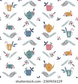 Christmas seamless pattern. Cups, teapots, decorations.