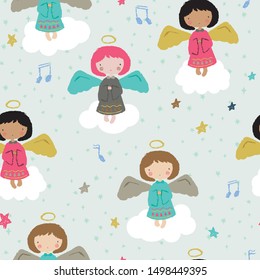 Christmas seamless pattern with cute angels singing in the sky/ clouds. Hand drawn of vector illustration.