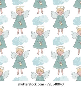 Christmas seamless pattern with cute angels with bell for new year's design on a white background with clouds. Lovely xmas hand drawn illustration in cartoon style.