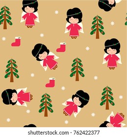 Christmas Seamless Pattern with cute Angels, Christmas tree, Snow and Sock for gift on background like craft paper. Merry Christmas and Happy New Year