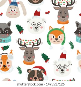 Christmas seamless pattern with cute animal faces