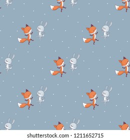 Christmas seamless pattern with cute animals. Childhood vector background in cartoon style.