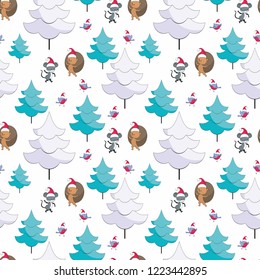 Christmas seamless pattern with cute animals and fir trees. Childhood vector background in cartoon style.