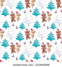 Christmas seamless pattern with cute animals and fir trees. Childhood vector background in cartoon style.