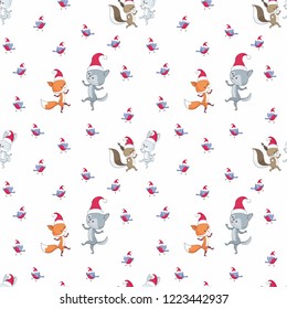 Christmas seamless pattern with cute animals and birds. Childhood vector background in cartoon style.