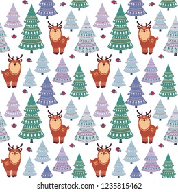 Christmas seamless pattern with cute animals. Childhood vector background in ethnic style.