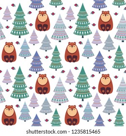 Christmas seamless pattern with cute animals. Childhood vector background in ethnic style.