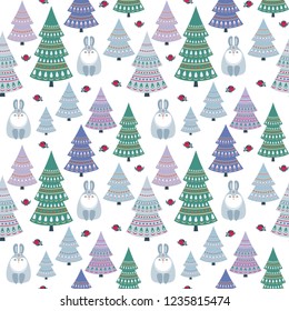 Christmas seamless pattern with cute animals. Childhood vector background in ethnic style.