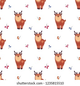 Christmas seamless pattern with cute animals. Childhood vector background in ethnic style.