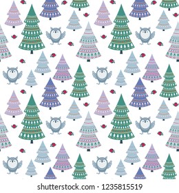 Christmas seamless pattern with cute animals. Childhood vector background in ethnic style.