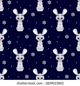 Christmas seamless pattern with cute animals in ethnic style. Colorful vector background