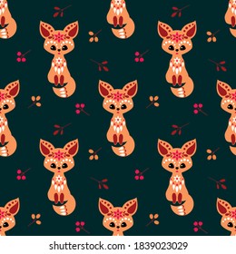 Christmas seamless pattern with cute animals in ethnic style. Colorful vector background